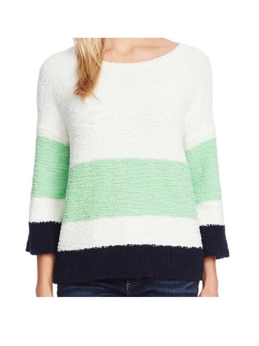 Vince Camuto Colorblock Teddy Knit 3/4 Sleeve Sweater in White, Mint & Navy